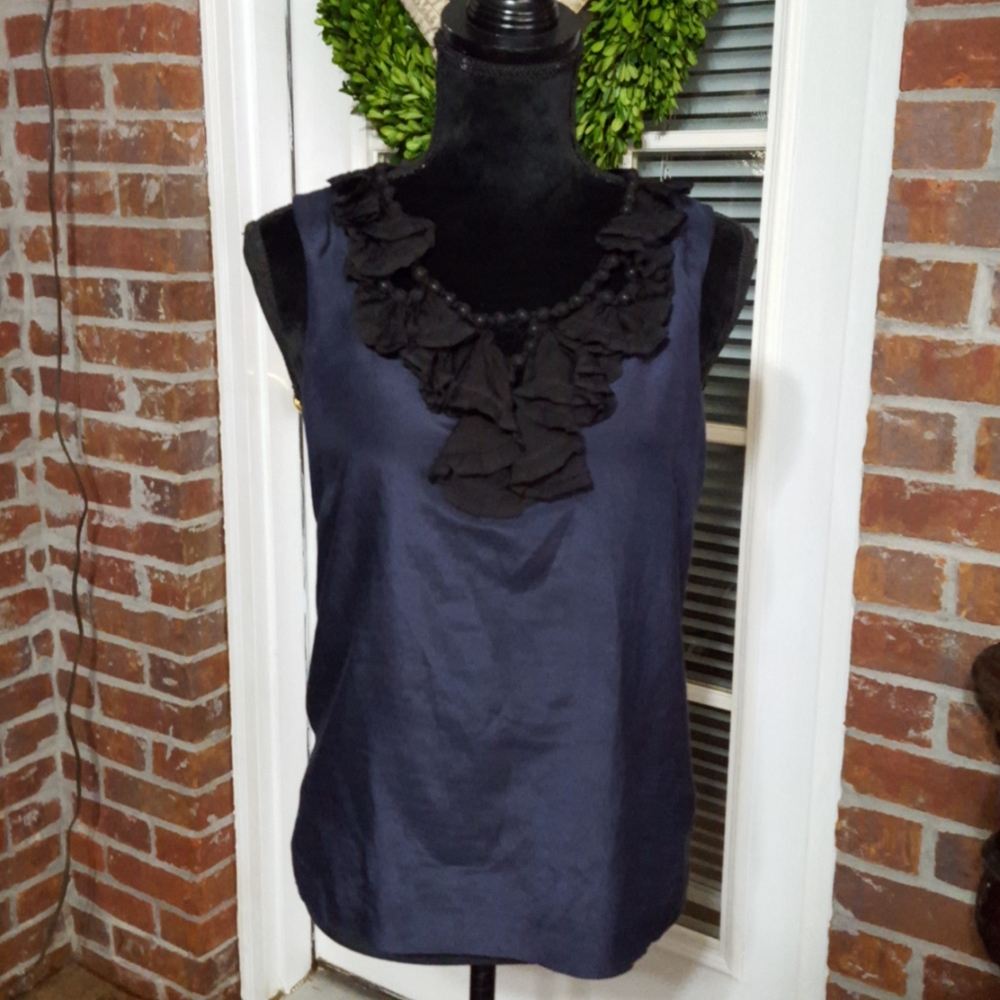 J Crew navy sleeveless top black trim silk blend lined ruffled beaded sz 0 EUC…